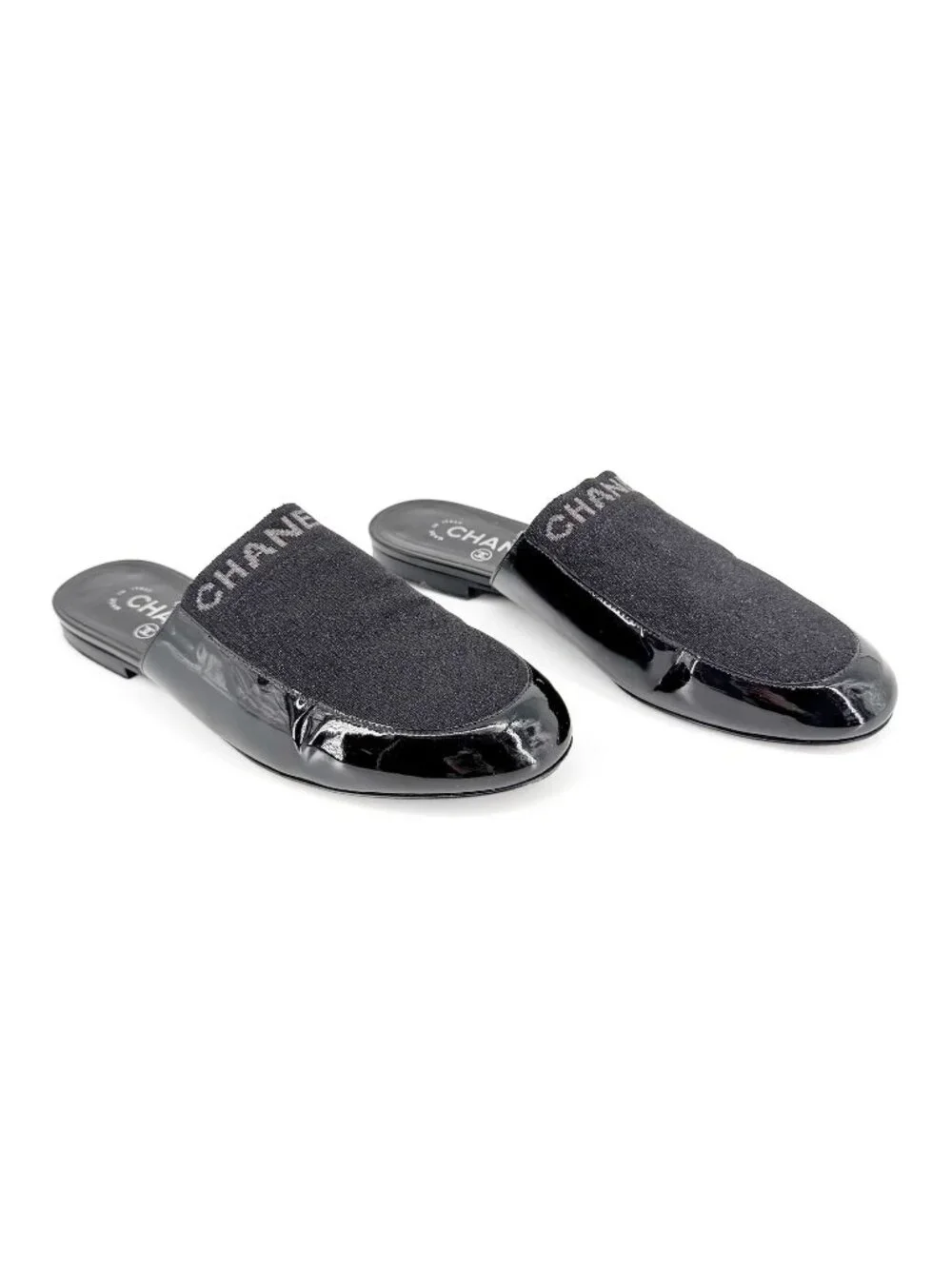 Chanel Logo Glitter Lurex Black Patent Leather Mule Flats Size 39 C US 8-8.5